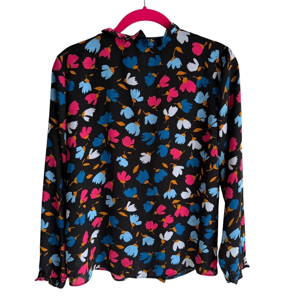 J.CREW Black Multicolor Floral Long Sleeve Ruffled Ladies Blouse, XS‎
